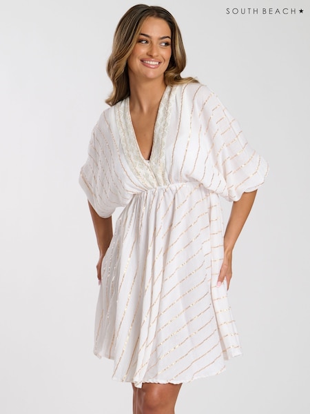South Beach White V-Neck Sequin Metallic Stripe Mini Dress (F30024) | 2,403 UAH