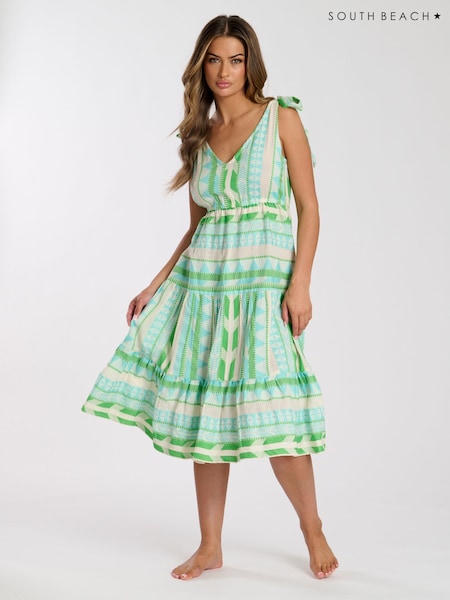 South Beach Green Jacquard Tie Shoulder 100% Cotton Midi Dress (F30026) | €58