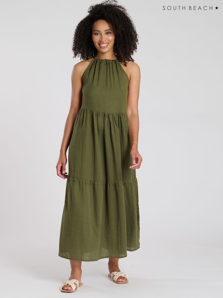 South Beach Green Tie Front Textured 100% Cotton Midi Dress (F30030) | €51