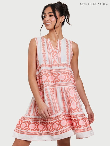 South Beach Pink Jacquard Sleeveless Tiered 100% Cotton Mini Dress (F30047) | €56