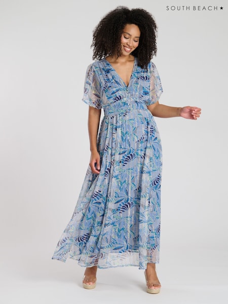 South Beach Blue Metallic Chiffon Button Detail Midi Dress (F30048) | ₪251