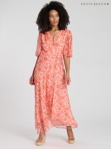 South Beach Orange Printed Short Sleeve Wrap Midi Dress (F30061) | $80