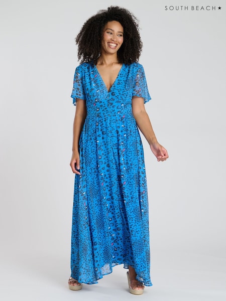 South Beach Blue Printed Metallic Chiffon Button Detail Midi Dress (F30065) | 3,004 UAH