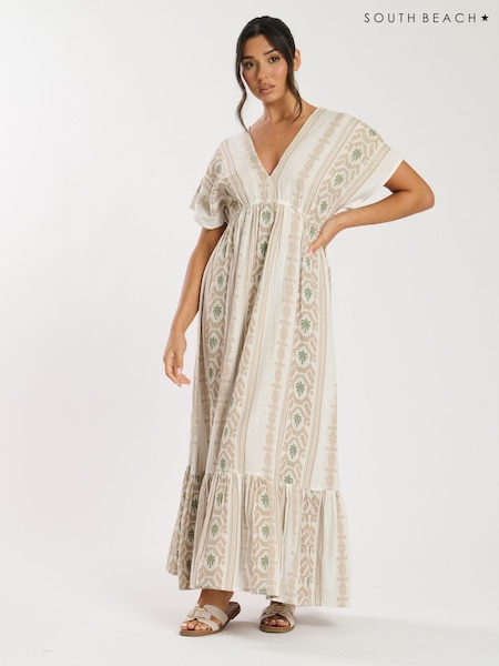 South Beach Cream Jacquard V-Neck Maxi Dress (F30067) | €66