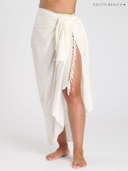 South Beach Cream Metallic Crinkle Viscose Fringed Sarong Cover-Up (F30225) | ₪111