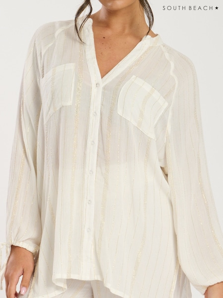 South Beach White Metallic Stripe Balloon Sleeve Beach Shirt (F30230) | ₪176