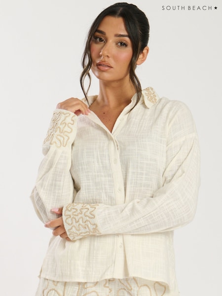 South Beach Cream 100% Cotton Contrast Piping Shirt (F30236) | ₪251
