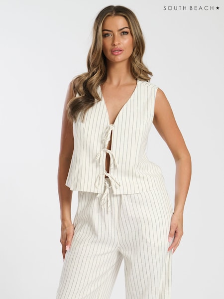 South Beach Cream Stripe Linen Blend Tie Front Waistcoat (F30241) | 2,704 UAH