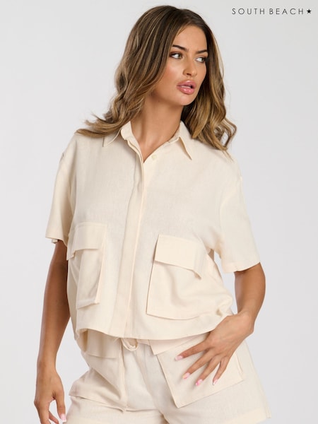 South Beach Cream Cream Linen Blend Short Sleeve Utility Shirt (F30242) | ₪151