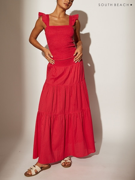 South Beach Pink Shirred Waist 100% Cotton Maxi Skirt (F30243) | €46