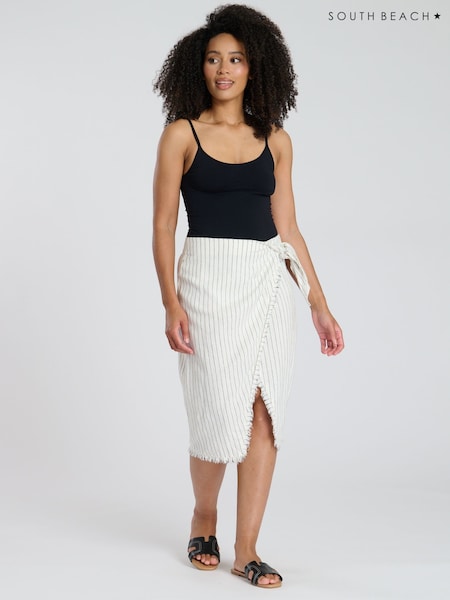 South Beach Cream Stripe Linen Blend Fringe Wrap Skirt (F30247) | 2,704 UAH