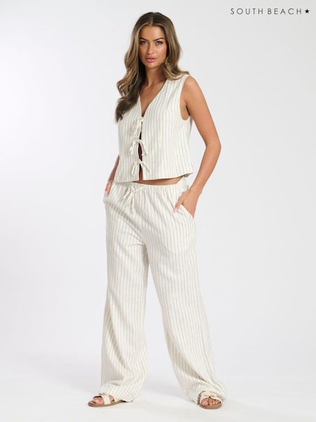 South Beach Cream Stripe Linen Blend Trousers (F30260) | kr714