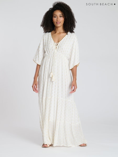 South Beach Cream Metallic Jacquard Spot Tiered Maxi Dress (F30265) | €66