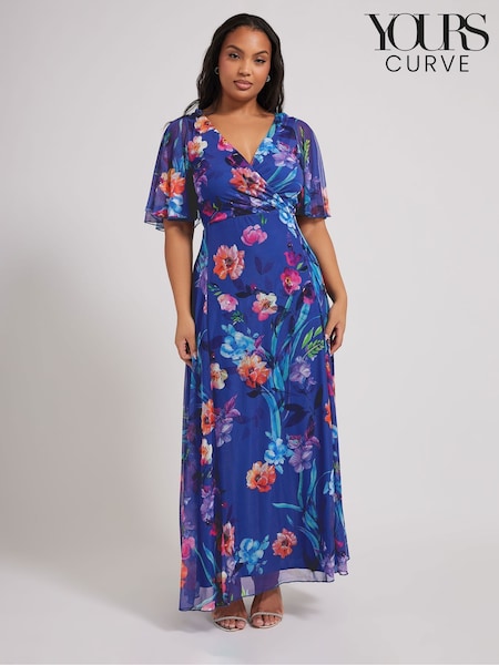 Albastru - Rochie lungă cu plasă florală Yours Curve London (F30319) | 521 LEI