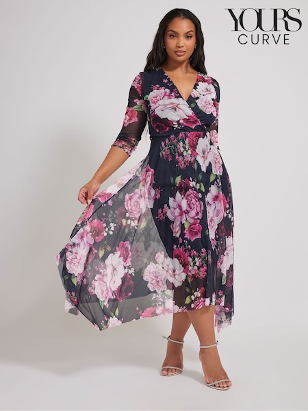 Blau - Yours Curve – London – Wickelkleid aus floralem Mesh mit Zipfelsaum (F30326) | 87 €