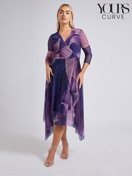 Yours Curve Purple London Floral Mesh Wrap Hanky Hem Dress (F30333) | ₪287