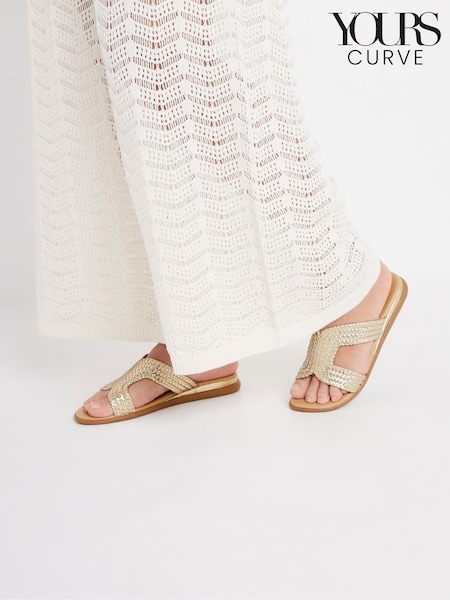 Yours Curve Gold Extra-Wide Fit Woven Wedge Mule Sandals (F30343) | ₪196