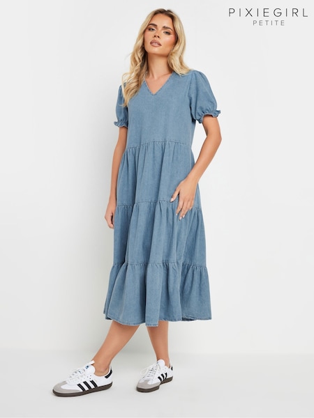 PixieGirl Petite Blue Short Sleeve Tiered Frill 100% Cotton Midi Dress (F30348) | ₪226