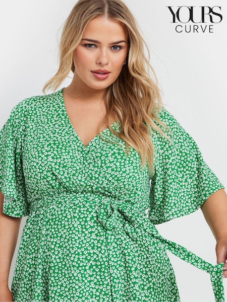 Yours Curve Green Floral Textured Wrap Top (F30350) | $51