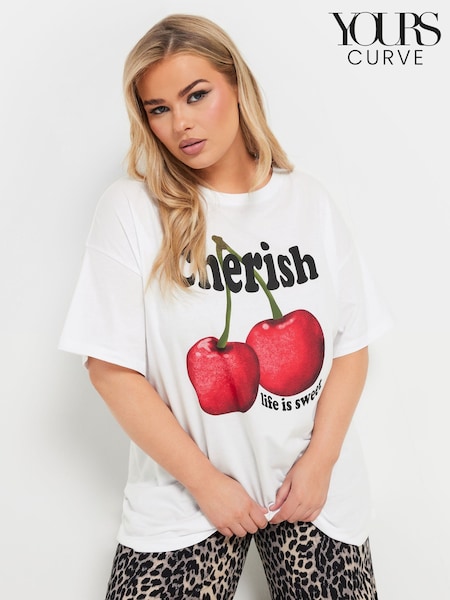 Yours Curve White Cherish Cherry 100% Cotton T-Shirt (F30366) | R$ 195