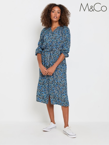 M&Co Blue Ditsy Button Through 3/4 Sleeve Dress (F30383) | €50