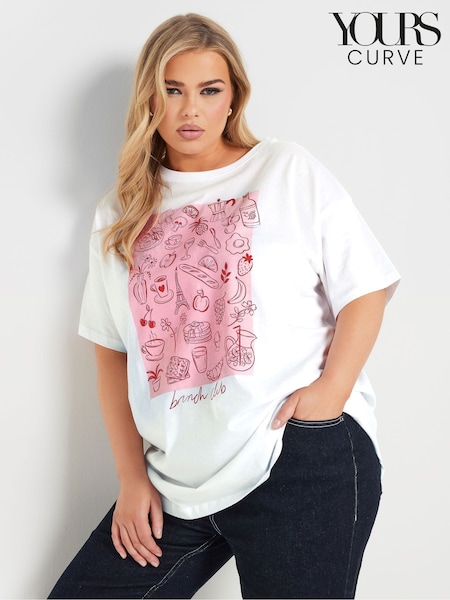 Yours Curve White Relaxed Brunch 100% Cotton Club T-Shirt (F30406) | €25