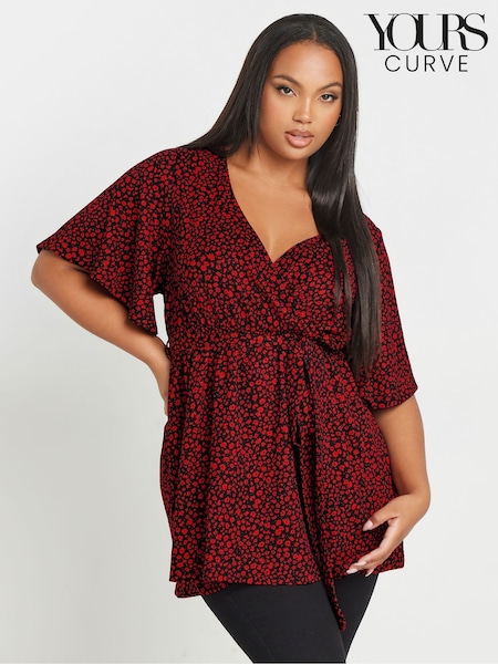 Yours Curve Red Floral Textured Wrap Top (F30417) | $51