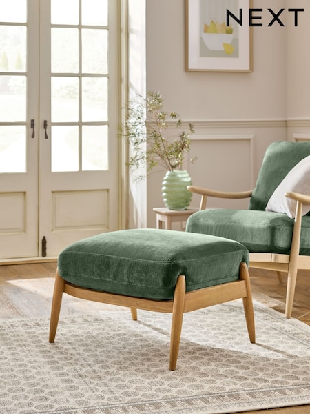 Relaxed Chenille Forest Green Hampton Wooden Stool (F30476) | €200