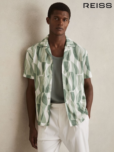 Reiss Sage Green Taro Printed Textured Cuban-Collar Shirt (F30544) | $141