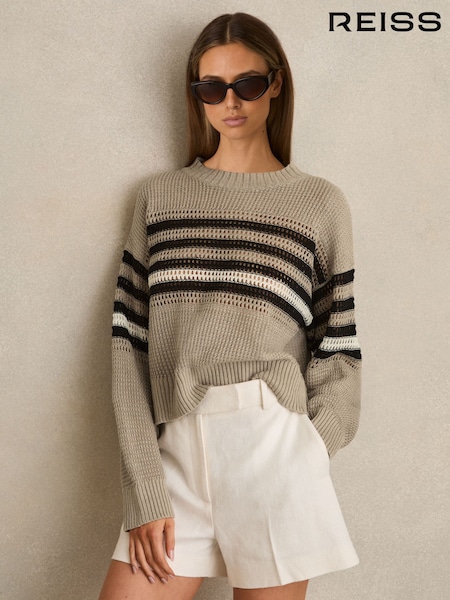 Reiss Neutral/Black Catrice Linen Crochet Striped Jumper (F30551) | €195