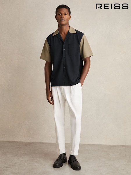 Reiss Navy/Brown Peza Colour-Block Cuban-Collar Shirt (F30555) | €145