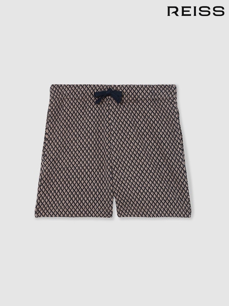Reiss Navy/Tobacco Brown Ernie Cotton Blend Geometric Jacquard Shorts (F30563) | €45