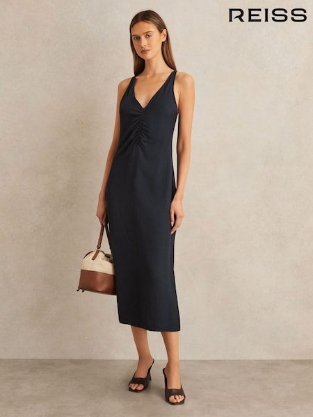 Reiss Navy Pari Ruched Sleeveless Midi Dress With Linen (F30570) | €213