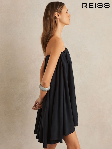 Reiss Indigo Flo Tencel Strapless Dip-Hem Mini Dress (F30574) | $285
