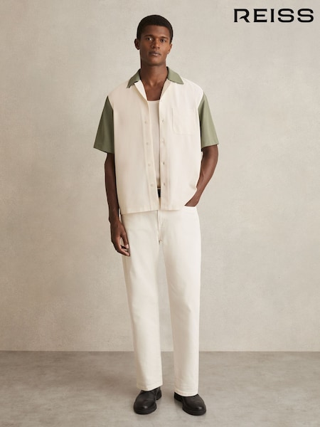 Reiss Off White/Sage Peza Colour-Block Cuban-Collar Shirt (F30578) | €145