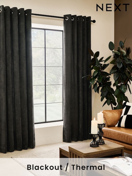 Charcoal Grey Fine Chenille Blackout/Thermal Eyelet Curtains (F30638) | €76 - €164