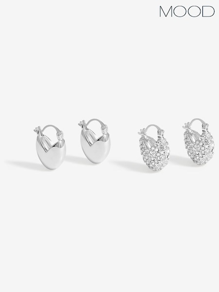 Mood Silver Tone Crystal Puffed Heart Huggie Hoop Earrings 2 Pack (F30728) | €21.50