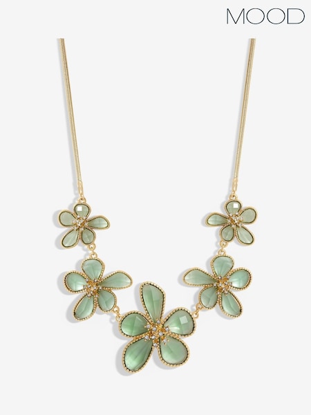 Mood Gold Tone Crystal And Green Glass Flower Necklace (F30768) | 1,502 UAH