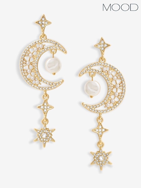 Mood Gold Tone Crystal And Pearl Moon Charm Drop Earrings (F30799) | AED105