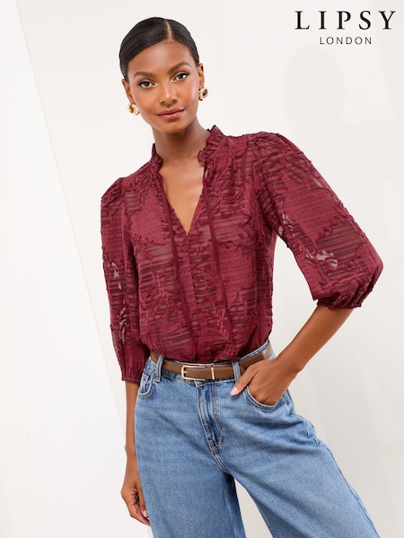 Vermelho Borgonha - Lipsy Burnout 3/4 Sleeve Blouse (F30839) | R$ 335