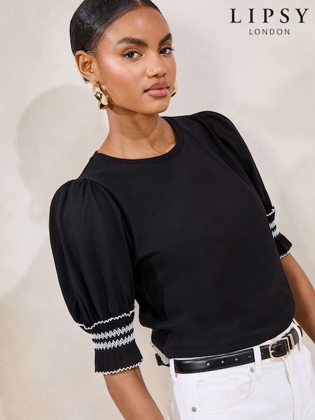 Lipsy Black 100% Cotton Trim Detail Short Sleeve Puff Top (F30845) | €37