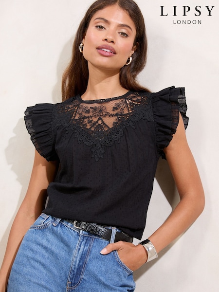 Lipsy Black Embroidered Flutter Sleeve Shell Top (F30846) | R$ 355