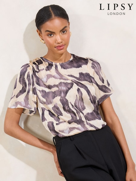 Azul - Lipsy Button Detail Short Sleeve Top (F30849) | R$ 355