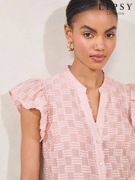 Lipsy Pink Ruffle Sleeve Button Up Burnout Detail Shirt (F30859) | 2,163 UAH