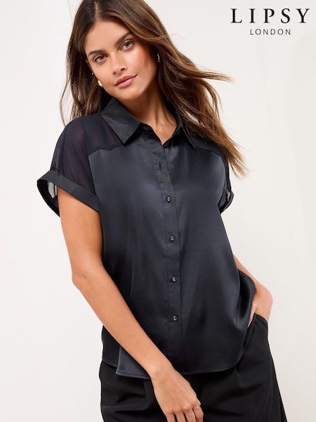 Lipsy Navy Short Sleeve Satin Chiffon Mix Shirt (F30898) | R$ 355