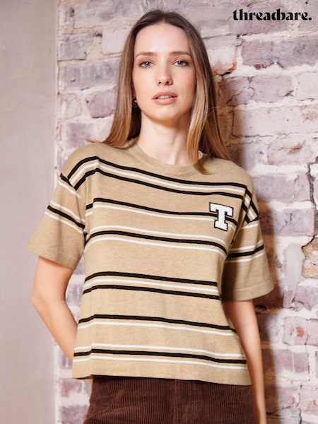 Threadbare Natural Striped Knitted Varsity 100% Cotton T-Shirt (F30905) | kr314
