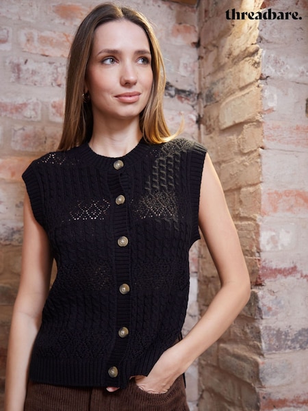 שחור - Threadbare Button Up Pointelle Knit Vest (F30915) | ‏147‏₪