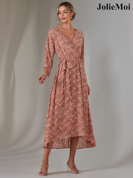 Jolie Moi Orange Gold Spot Printed Chiffon Maxi Dress (F31377) | 371 QAR