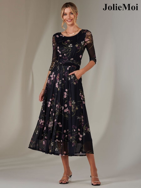 Jolie Moi Bella Print 3/4 Sleeve Mesh Maxi Dress (F31379) | €118