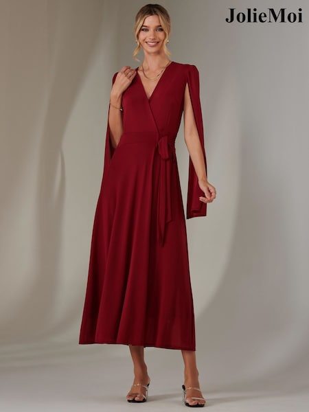 Jolie Moi Red Amira Cape Maxi Dress (F31387) | 440 QAR